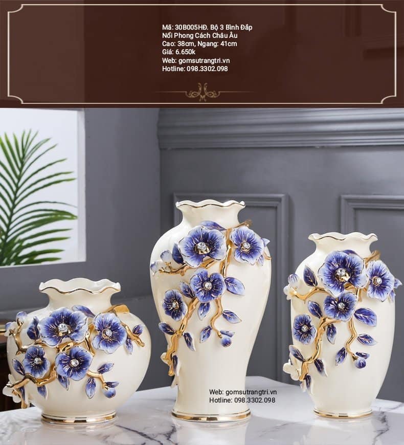 BỘ BÌNH 3 ĐẮP NỔI PHONG CÁCH CHÂU ÂU